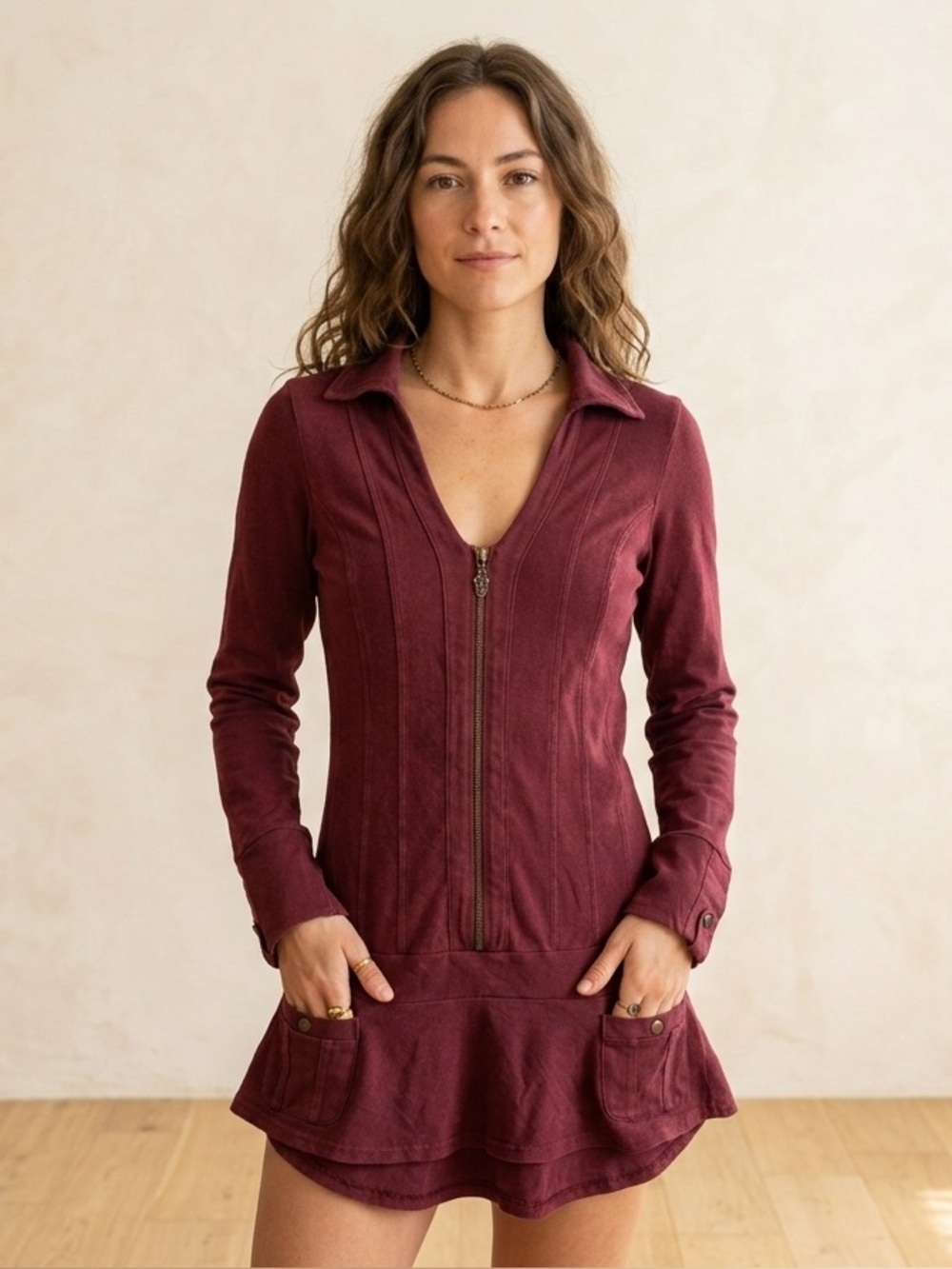 2/$25 Nomads Hemp Wear Burgundy Zip Up Peplum Tunic XS Organic Cotton Blend